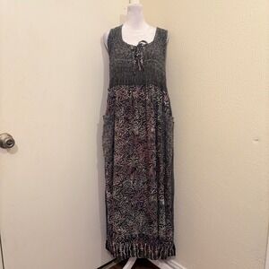 Lotus Traders Batik Smocked Maxi Dress Grey Boho Ren Faire One Size Fairycore